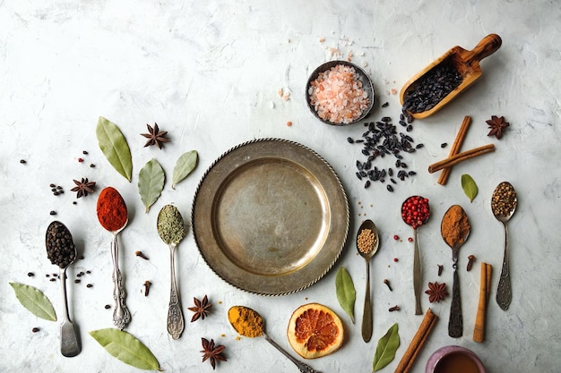 Assortment of spices and utensils